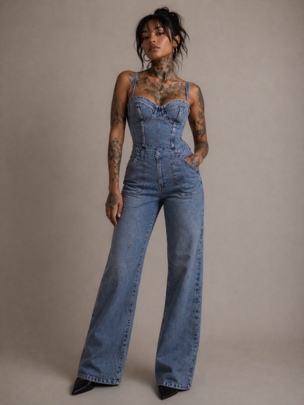 Steve Madden Medium Blue Denim Wide-Leg Jumpsuit - Picture 2 of 13